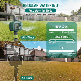 Sprobil outdoor timer installed on a garden hose for yard irrigation