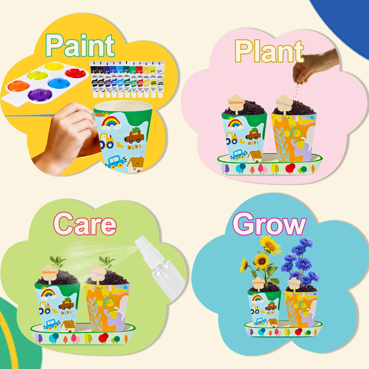 Sproutix gardening tools set, including trowel, rake, shovel, and mister.