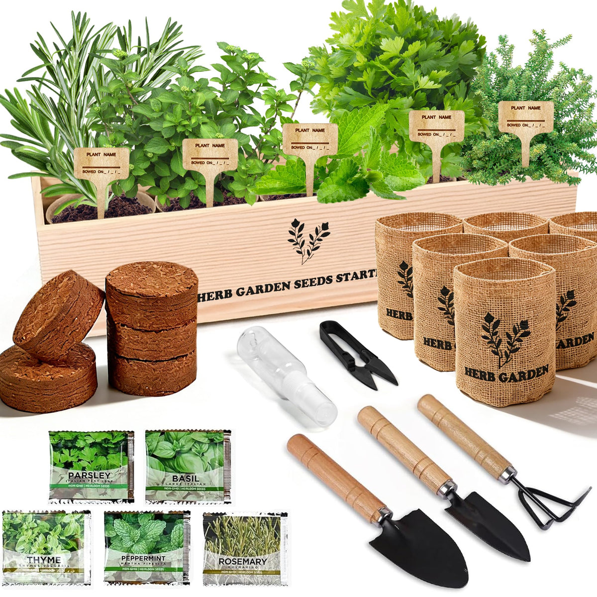 Sproutix indoor herb garden kit in a rustic planter box for fresh kitchen herbs.