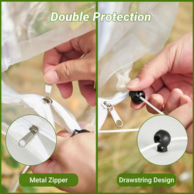Sprthrd zipper and drawstring design secures nets quickly for easy garden protection.