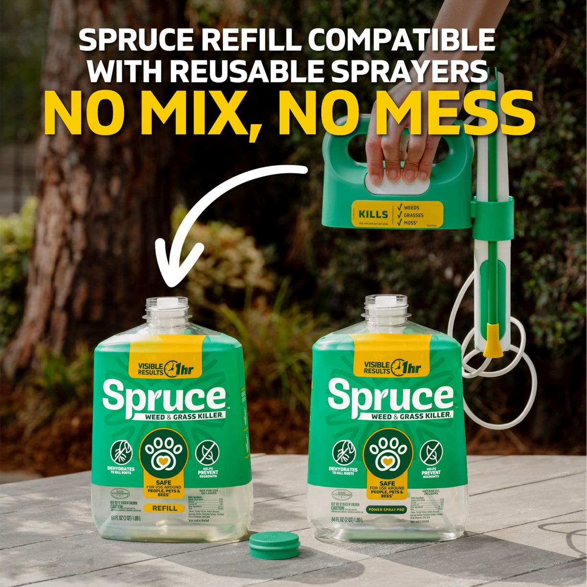 Spruce weed killer in action eradicating dandelions and crabgrass.