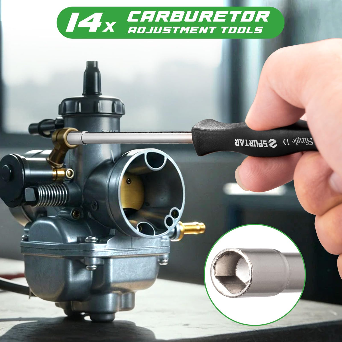 Spurtar carburetor adjustment tools close-up showing precision for tuning.