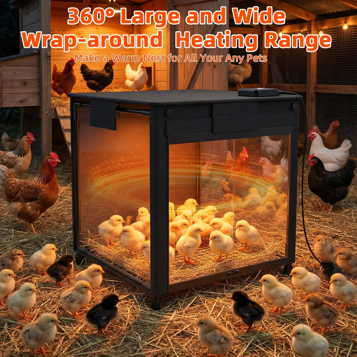 See-through curtain enables easy chick entry and exit.