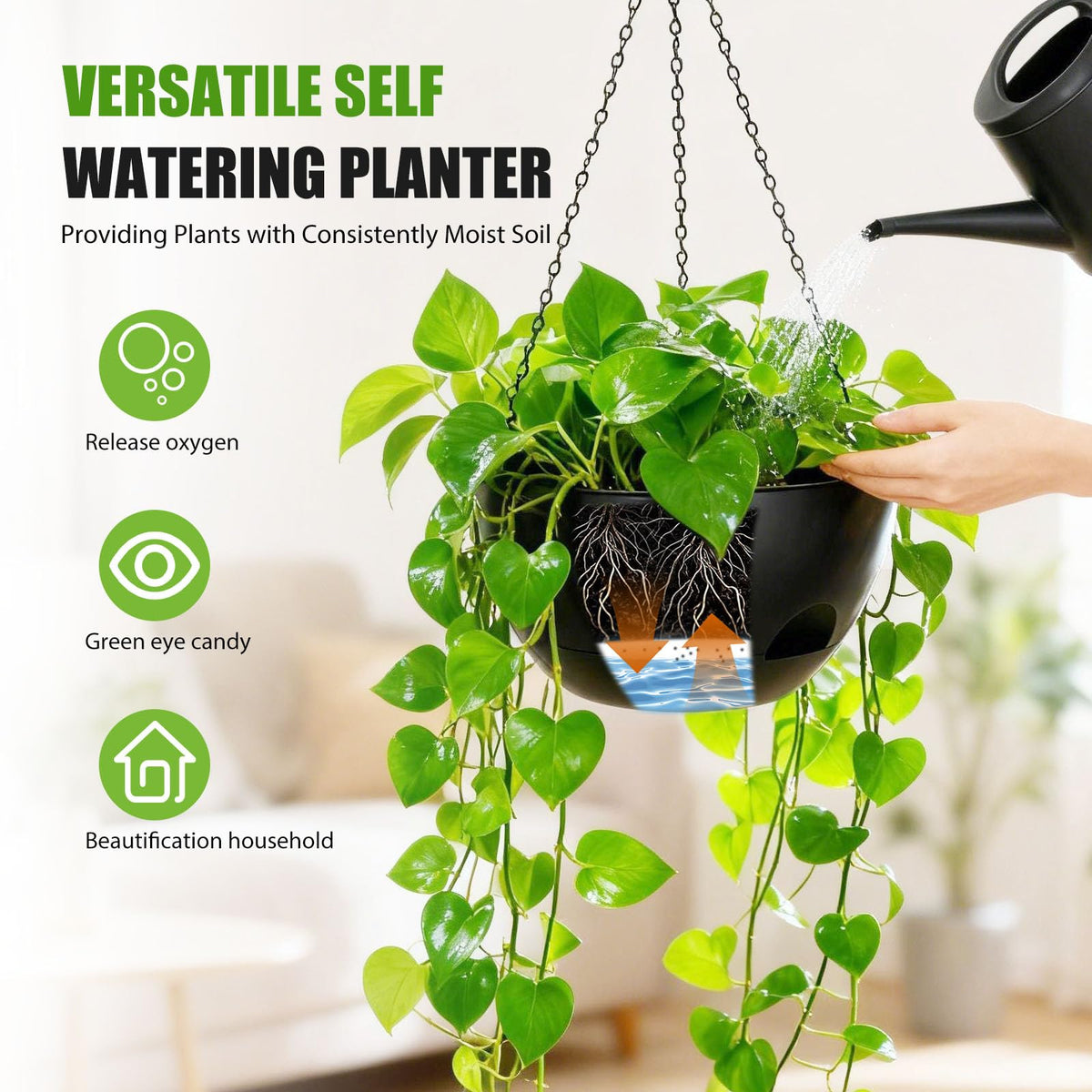 SQKH 4-pack hanging planter black with chain adds stylish balcony greenery
