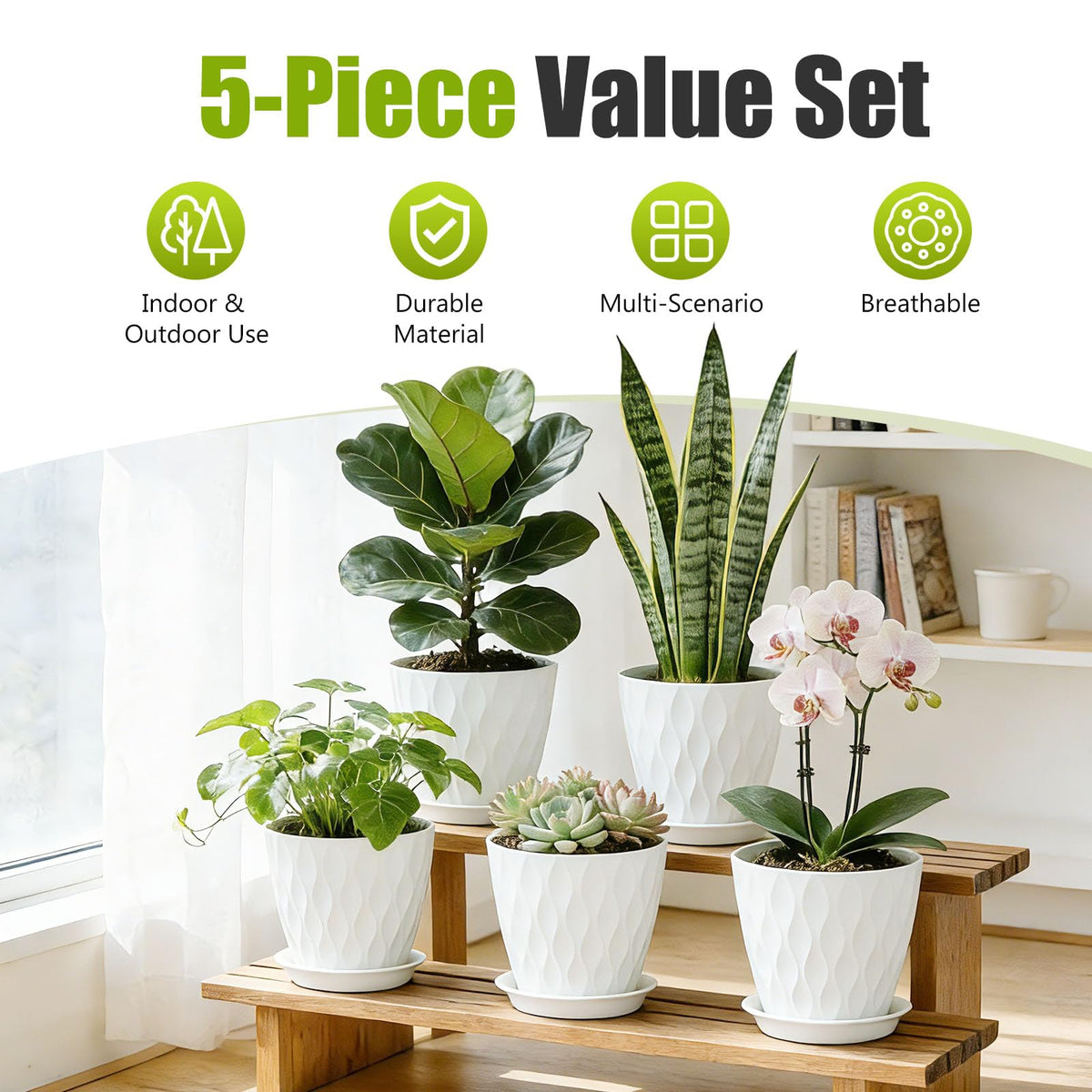 SQKH 5-pack plastic flower pots with drainage holes and saucers for indoor and outdoor use