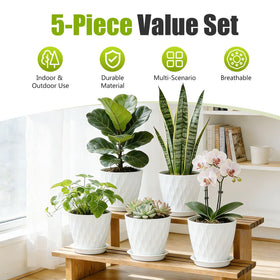 SQKH 5-pack plastic flower pots with drainage holes and saucers for indoor and outdoor use
