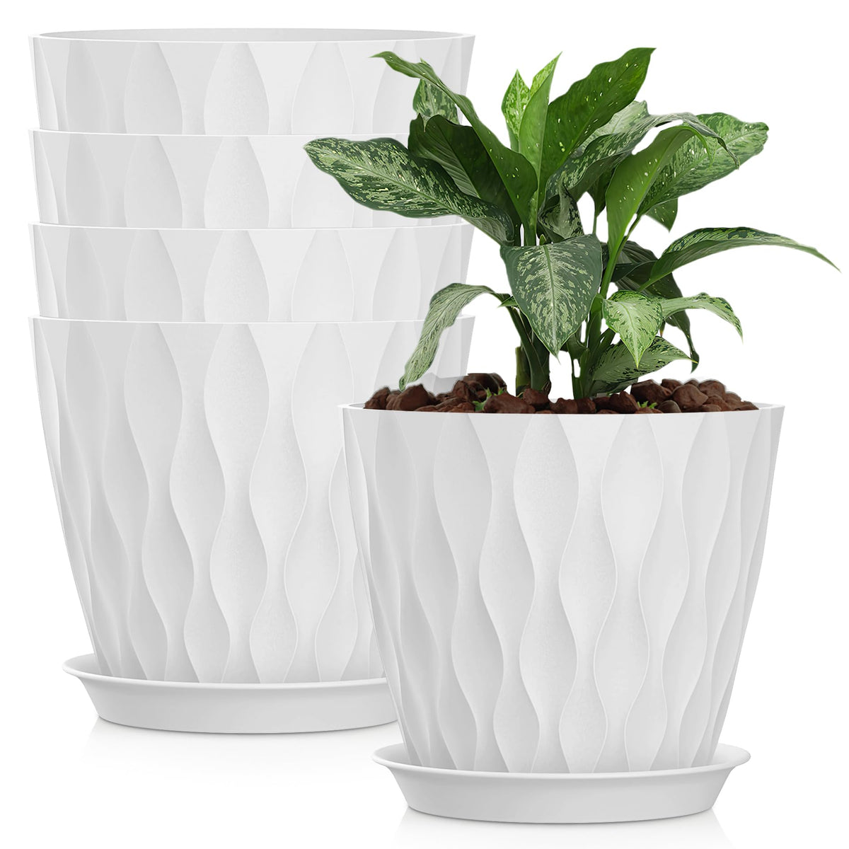 SQKH 8-inch white plastic plant pot with drainage holes for healthy roots