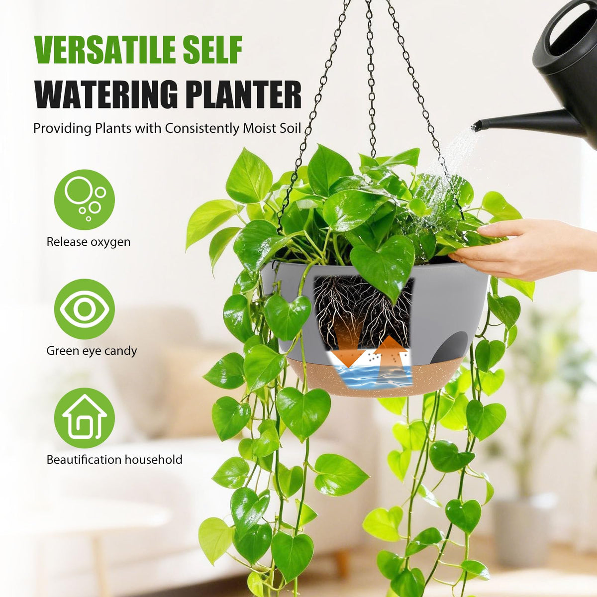 SQKH planter shows sturdy thickened iron chains for stable outdoor mounting.