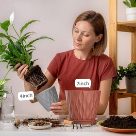 SQKH plant pot 5-inch with tray offers compact shelf fit.