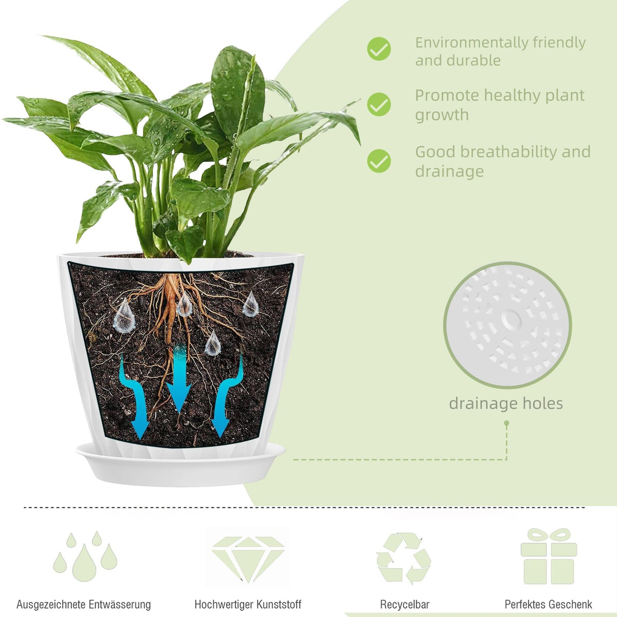 SQKH plant pot tray catches overflow for easy cleanup.