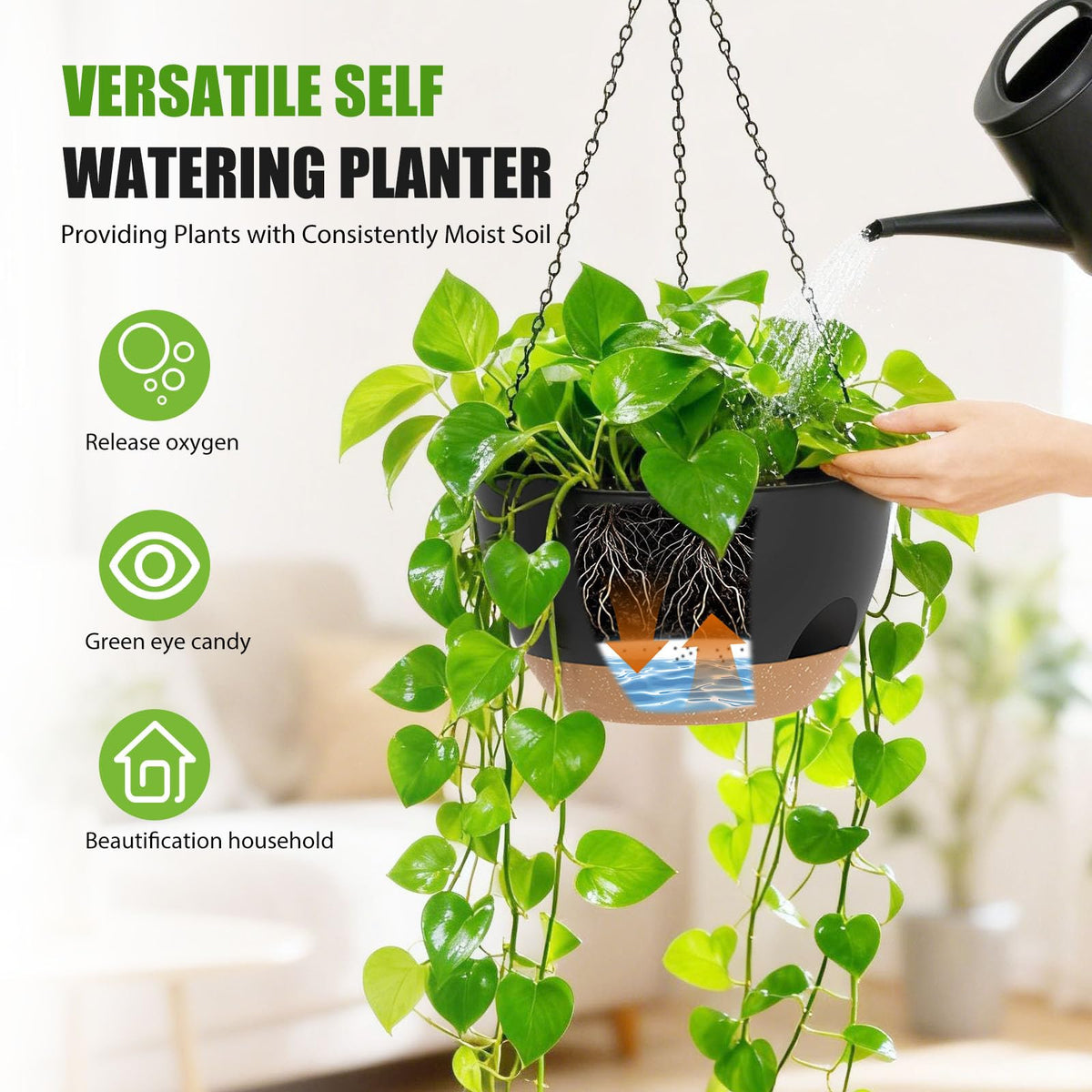 SQKH self-watering hanging planters with drainage holes for healthy plant roots
