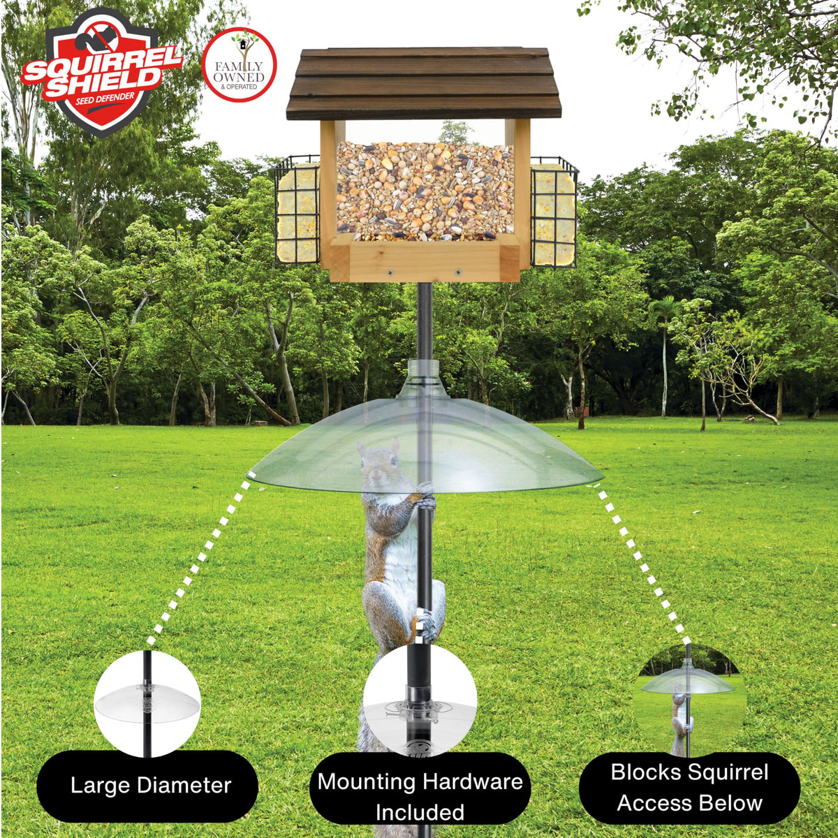 Squirrel Shield installed for hanging or pole-mount, showing versatility.