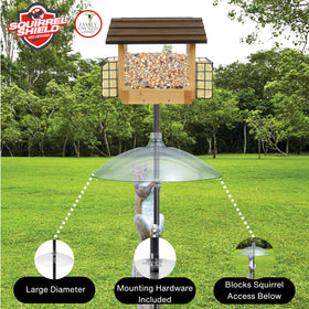Squirrel Shield installed for hanging or pole-mount, showing versatility.