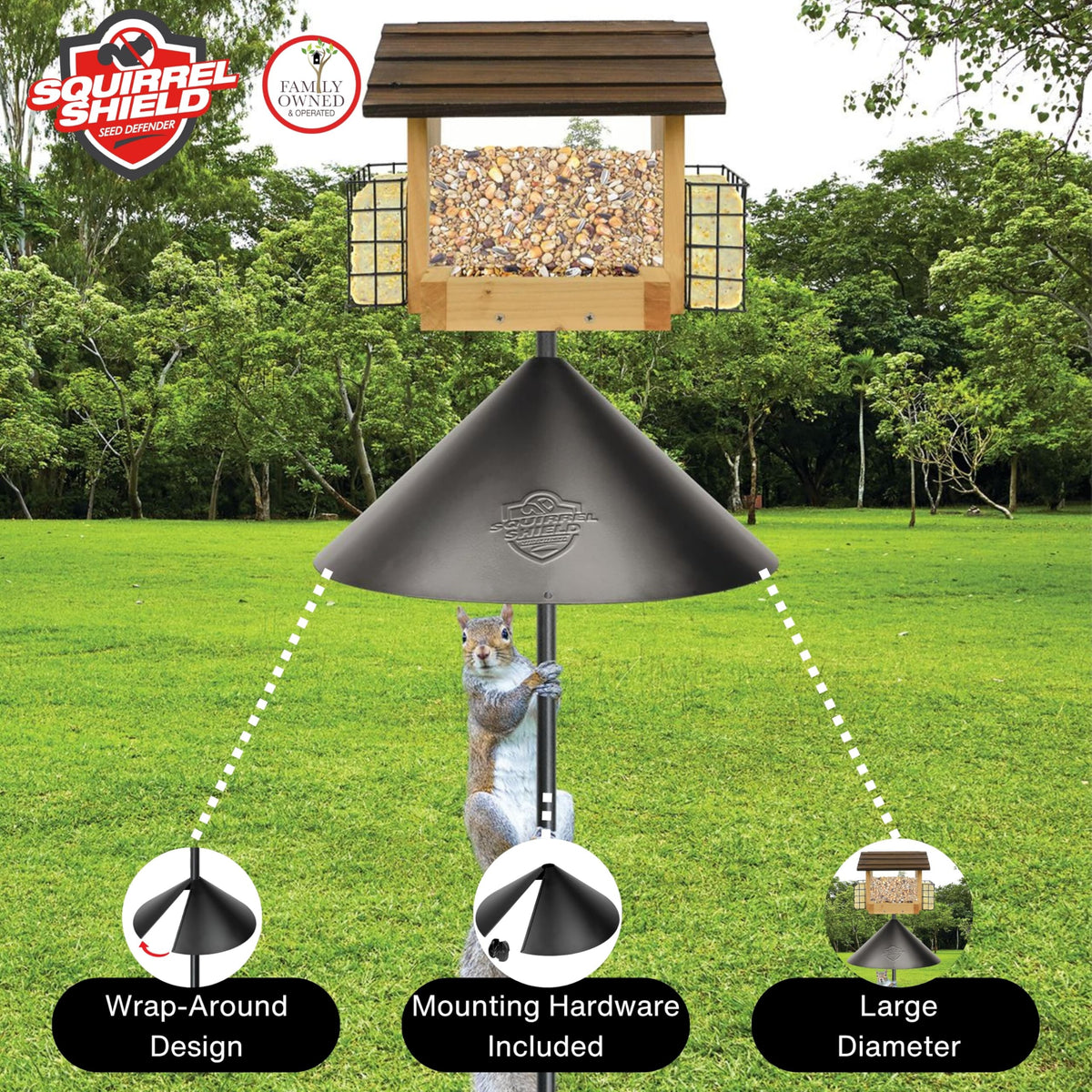 Squirrel Shield weather-resistant steel construction for long-lasting protection
