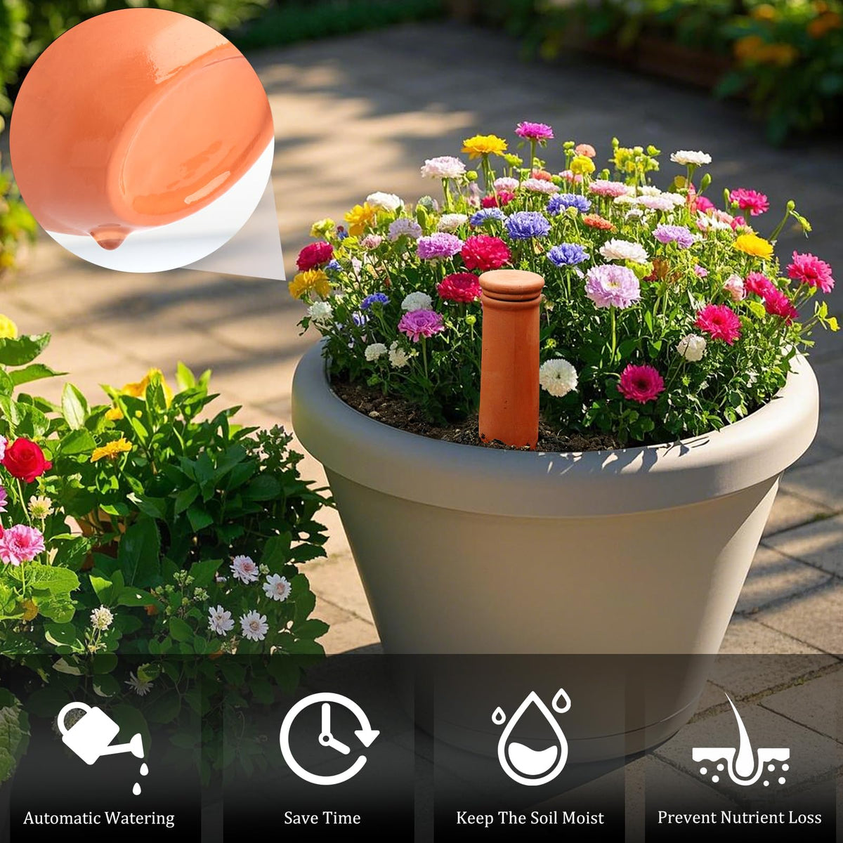 Srapwati terracotta globe, 30-ounce capacity, long-lasting watering for days.