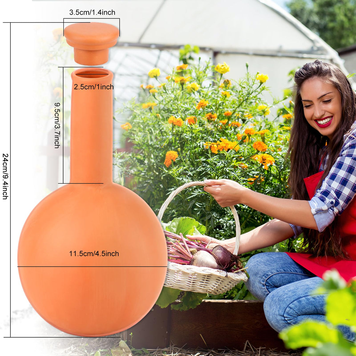 Srapwati terracotta globe in a large pot supporting root-zone hydration.