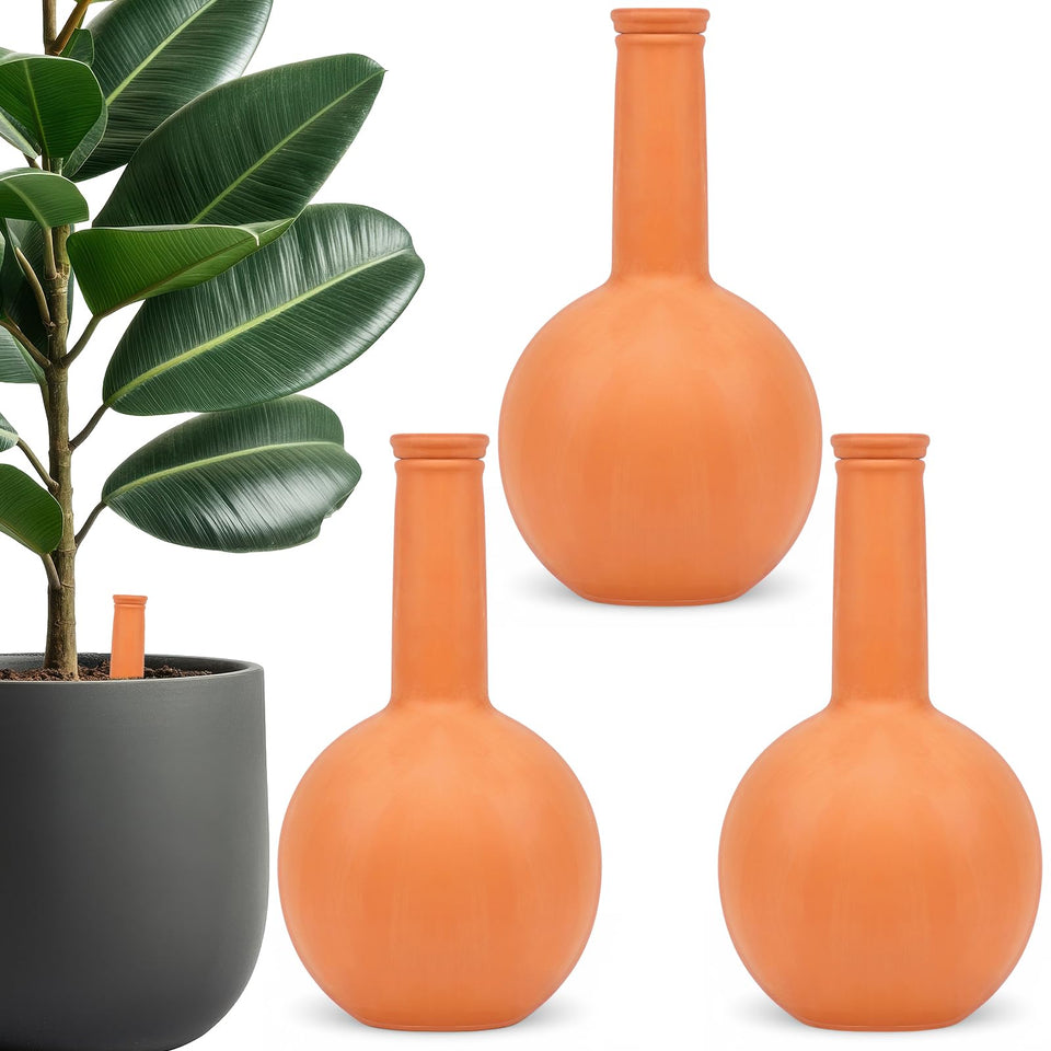 Srapwati terracotta globe, top view, steady moisture delivery for root zones.
