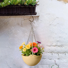 Srmayyi orange hanging planter brightens sunlit corners and garden nooks.