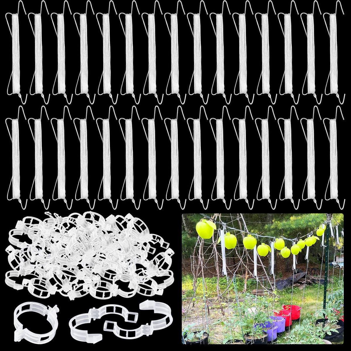 Srmayyi tomato hooks with string provide sturdy support for climbing plants.