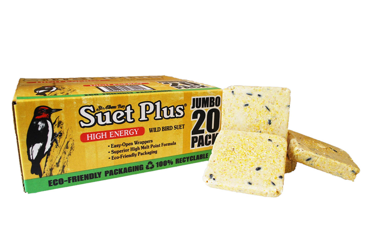 ST. ALBANS BAY SUET PLUS melt-resistant formula shown in a sturdy packaging keeps birds fed