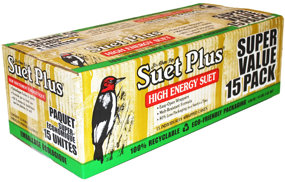 St. Albans Bay Suet Plus packaging shown for easy, mess-free 11oz suet cakes.