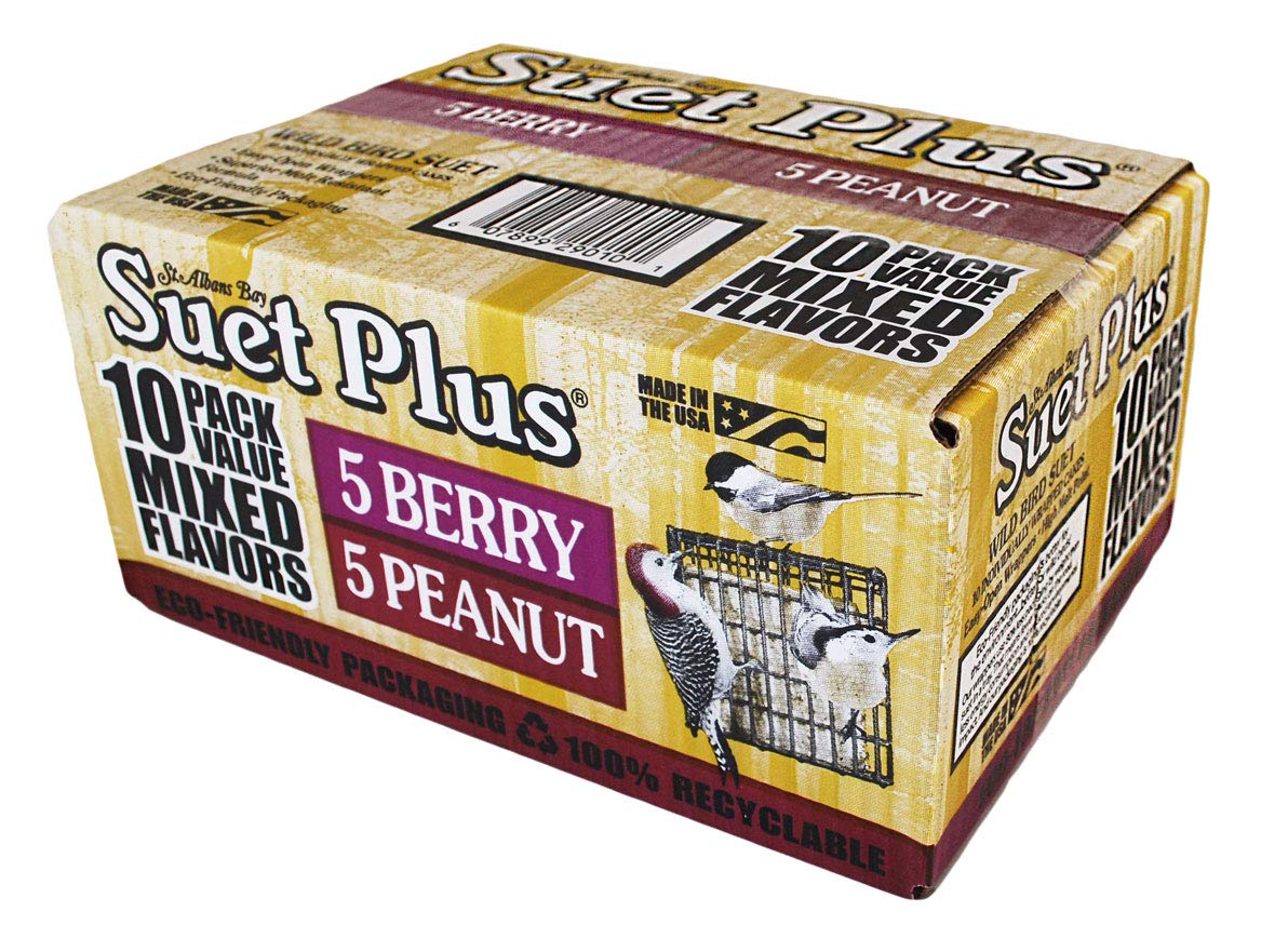 ST. ALBANS BAY SUET PLUS peanut-berry-cake attracts chickadees and blue jays.