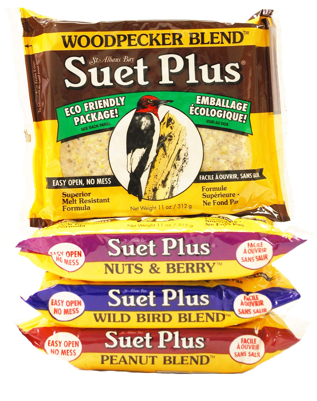 ST. ALBANS BAY SUET PLUS variety pack showcases four flavors for diverse backyard birds.