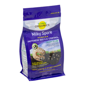 St. Gabriel Milky Spore powder bag ready for natural grub control on lawns.