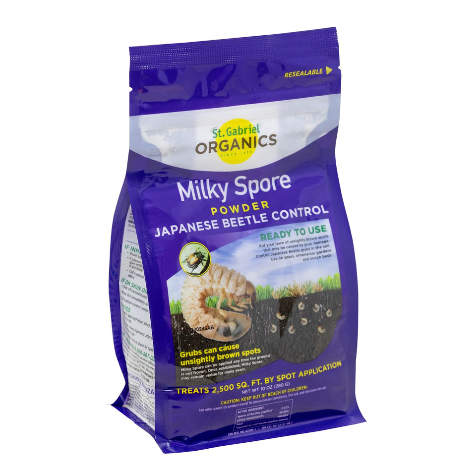 St. Gabriel Milky Spore powder bag ready for natural grub control on lawns.