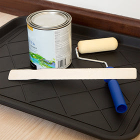 Stalwart boot tray doubles as a dog food tray outdoors.