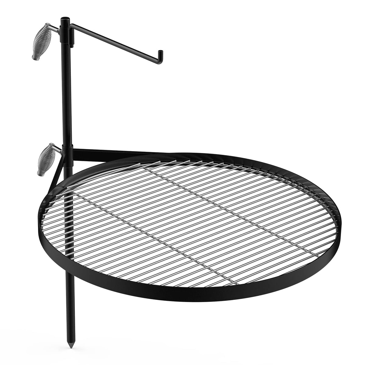 Stanbroil fire pit grate with swing handle for adjustable cooking height.