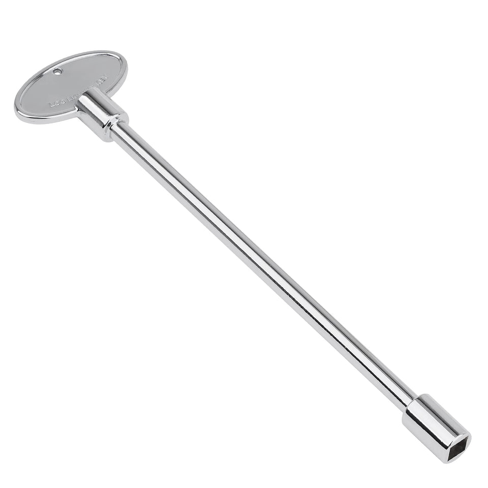 Stanbroil universal 8-inch gas valve key close-up shows a polished chrome finish for durability.