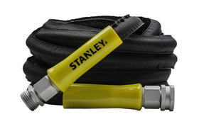 Stanley DuraflexPro 50 ft hose extended to reach distant garden beds efficiently.