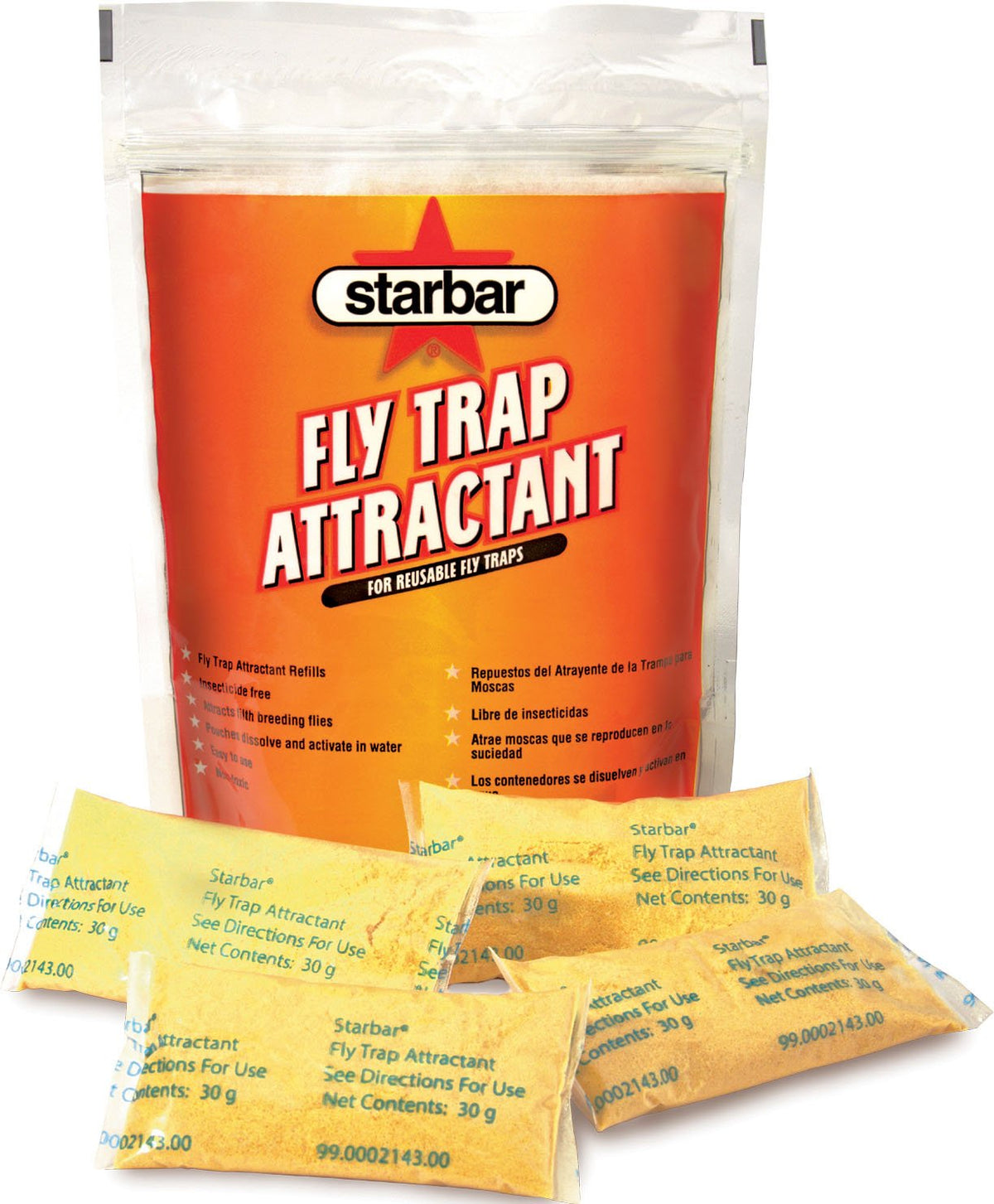 Starbar Fly Trap Refill water pouches dissolve to activate effective fly attraction.