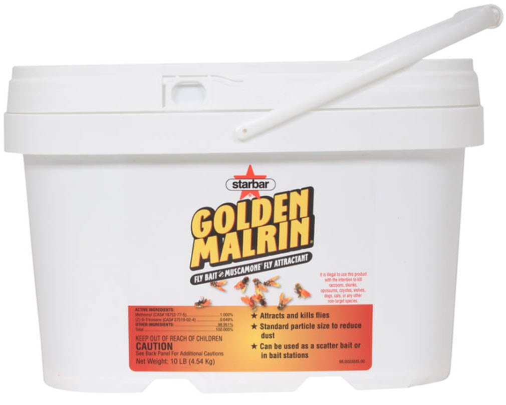 Starbar Golden Malrin packaging view for fly control in facilities.