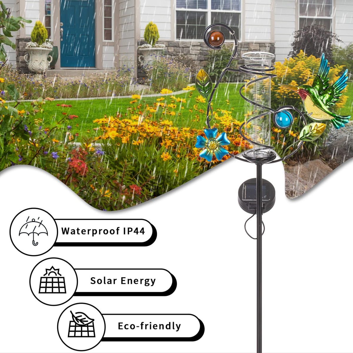 Stargarden hummingbird rain gauge illuminates yard at night