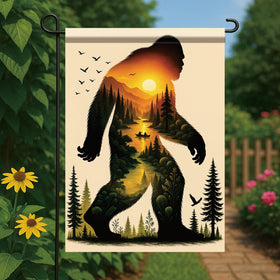Forest landscape flag featuring pine trees for cabin and campsite ambiance