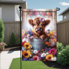 Starlit Patio Highland Cow flag floral detail highlights spring color and charm