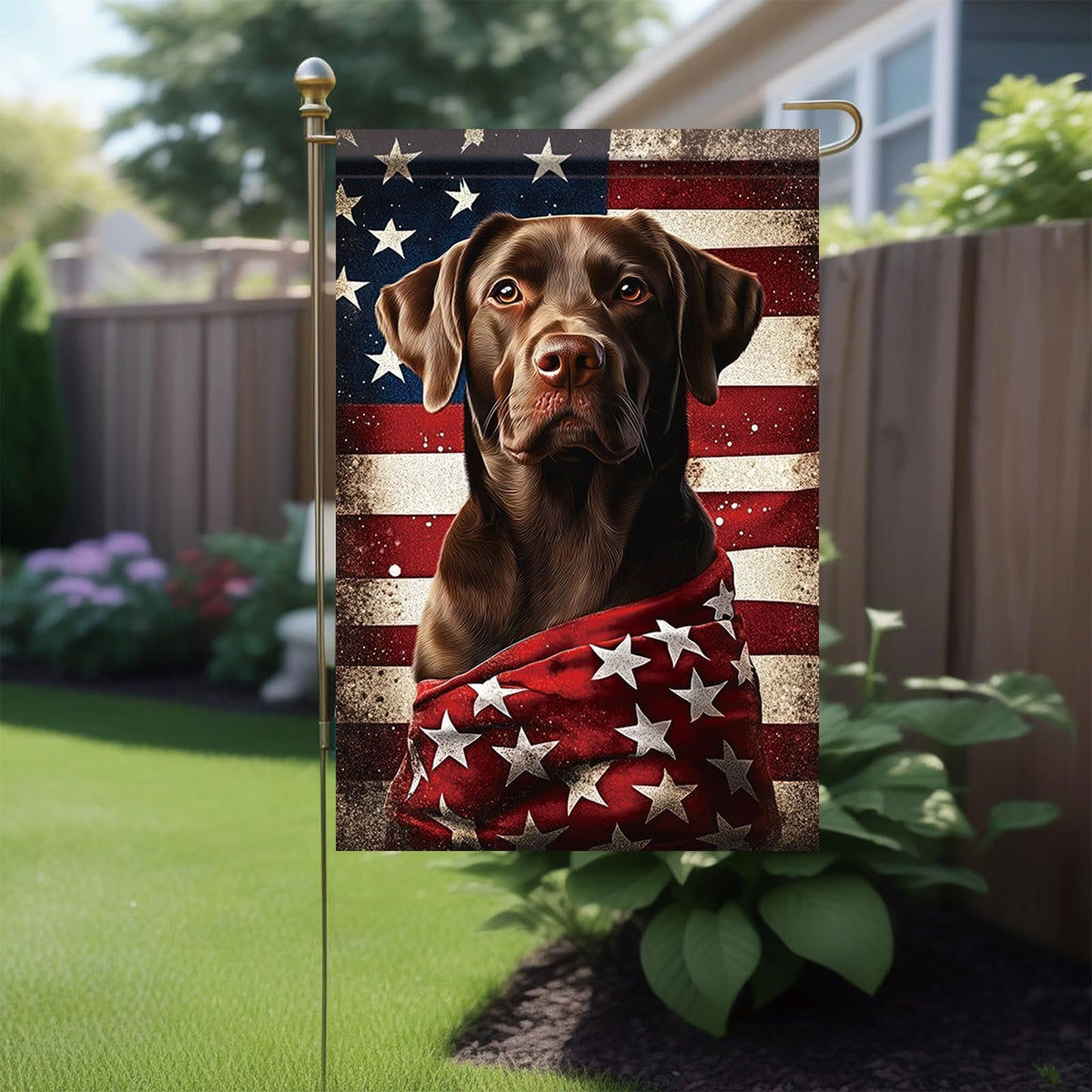 Starlit Patio patriotic lab flag back view highlighting yard visibility.