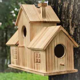 STARSWR bird house front view showing three entry points and wooden finish