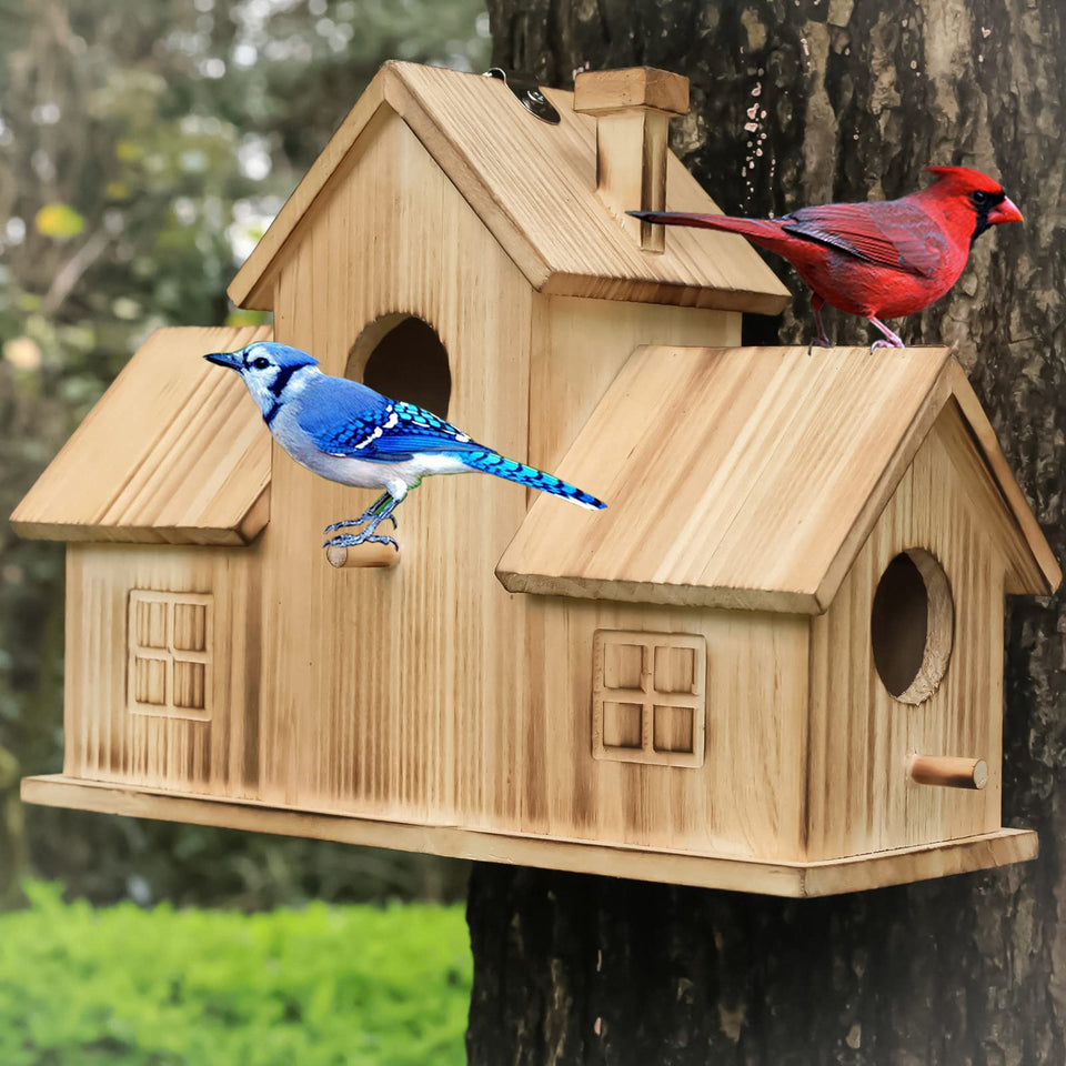 STARSWR outdoor 3-hole bird house viewed from front with hanging rope