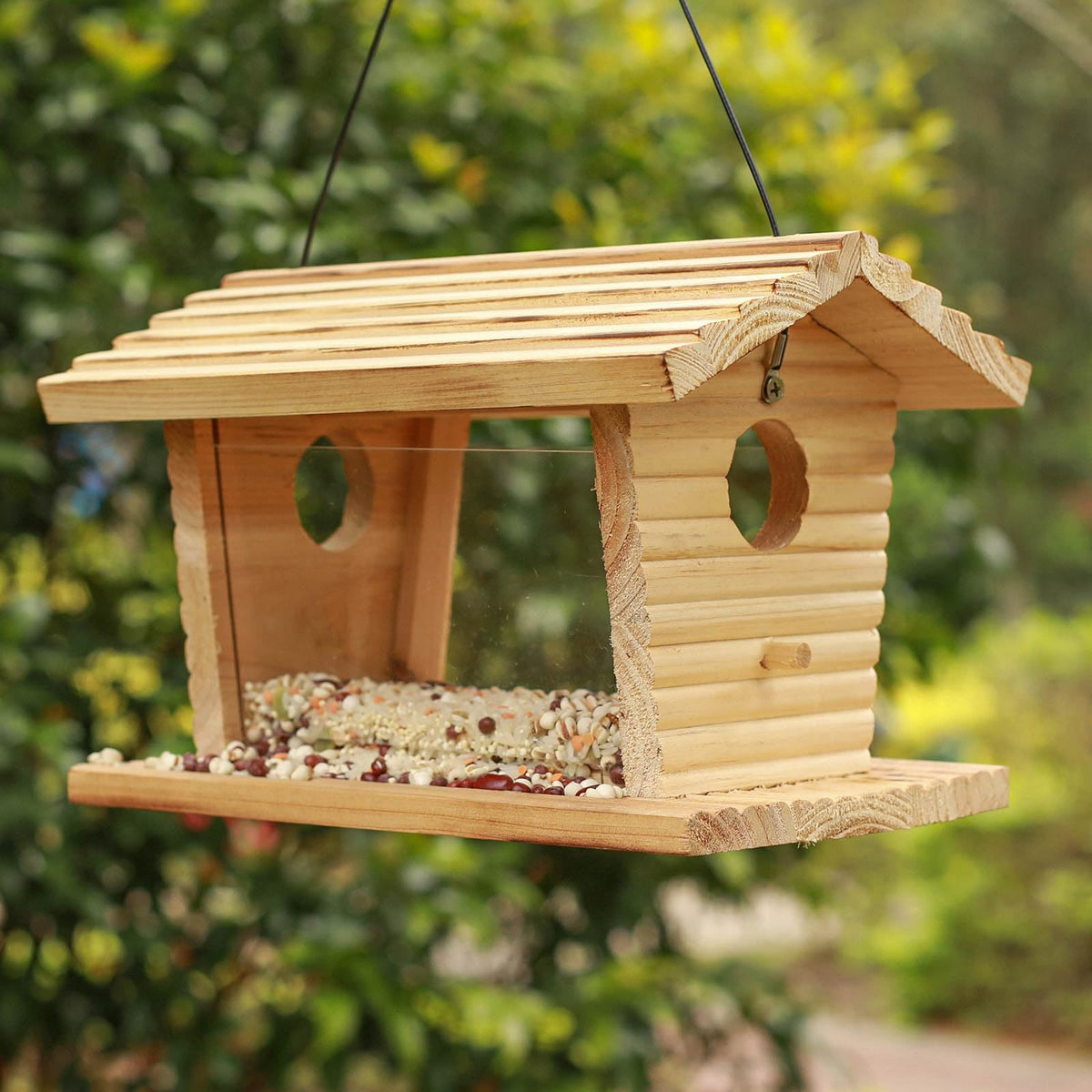 STARSWR wooden bird feeder with sloped roof promotes dry seed and easy viewing