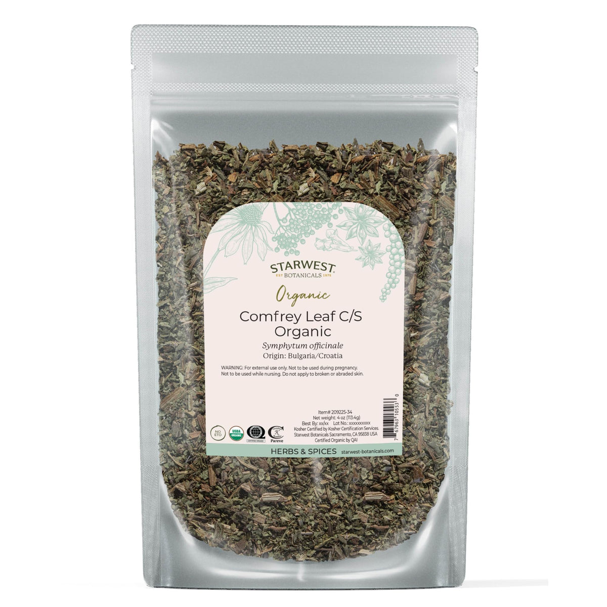 Starwest Botanicals comfrey leaf dried bag for topical salves and soothing skin.