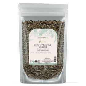 Starwest Botanicals comfrey leaf dried bag for topical salves and soothing skin.