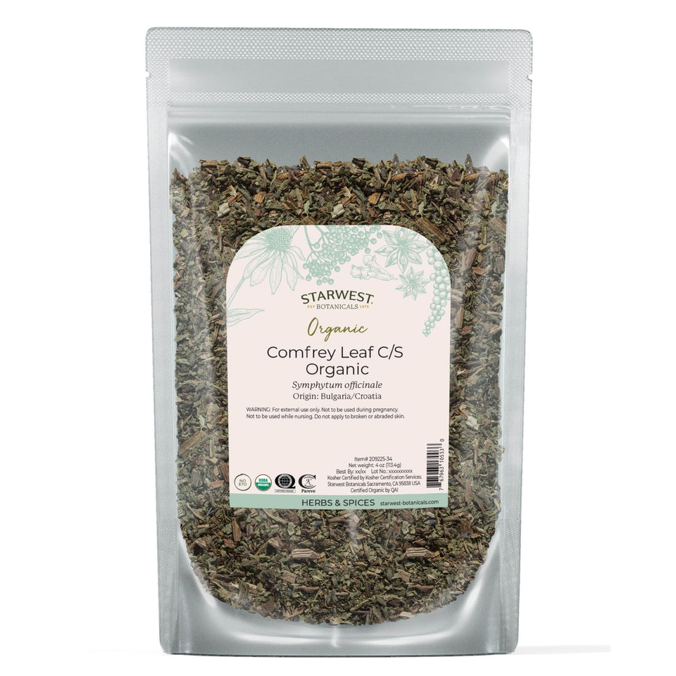 Starwest Botanicals comfrey leaf dried bag for topical salves and soothing skin.