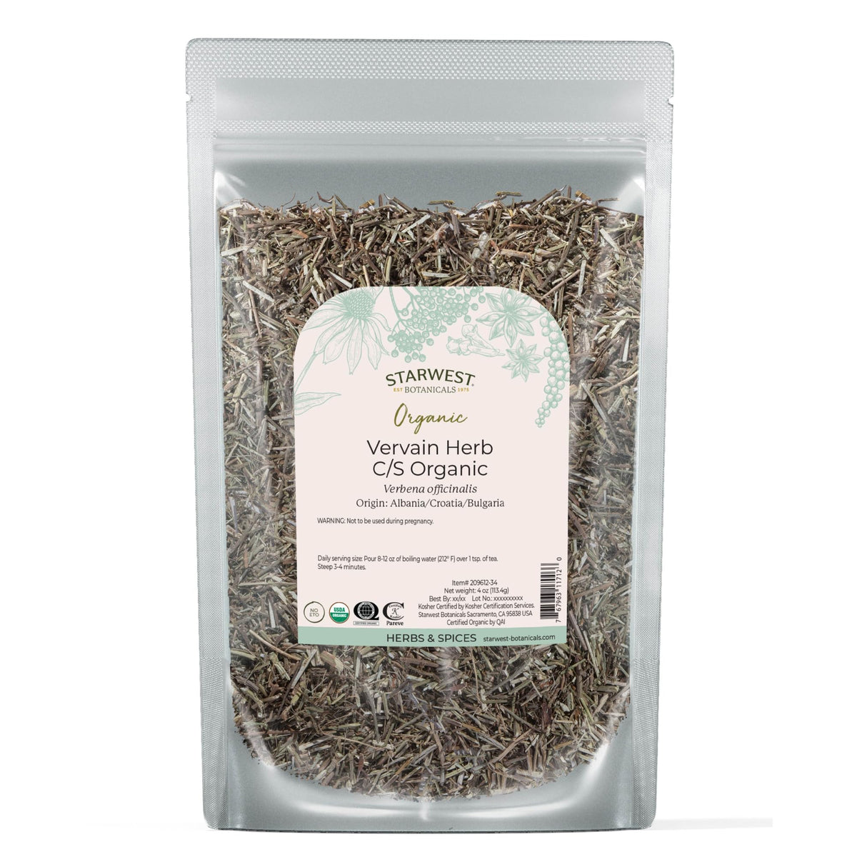 Starwest Botanicals vervain dried loose leaves ideal for teas and blends