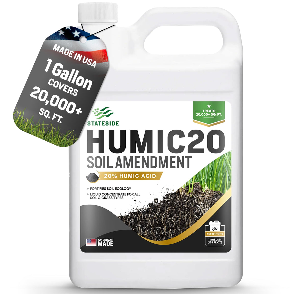 Stateside Humic20 bottle pouring improves soil structure and drainage.