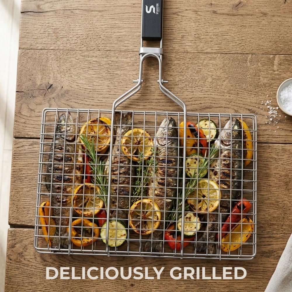 Stauffer Retail stainless steel grill basket works as a versatile tray for camping.