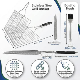 Stauffer Retail stainless steel fish basket, detachable handle for safe, portable grilling.