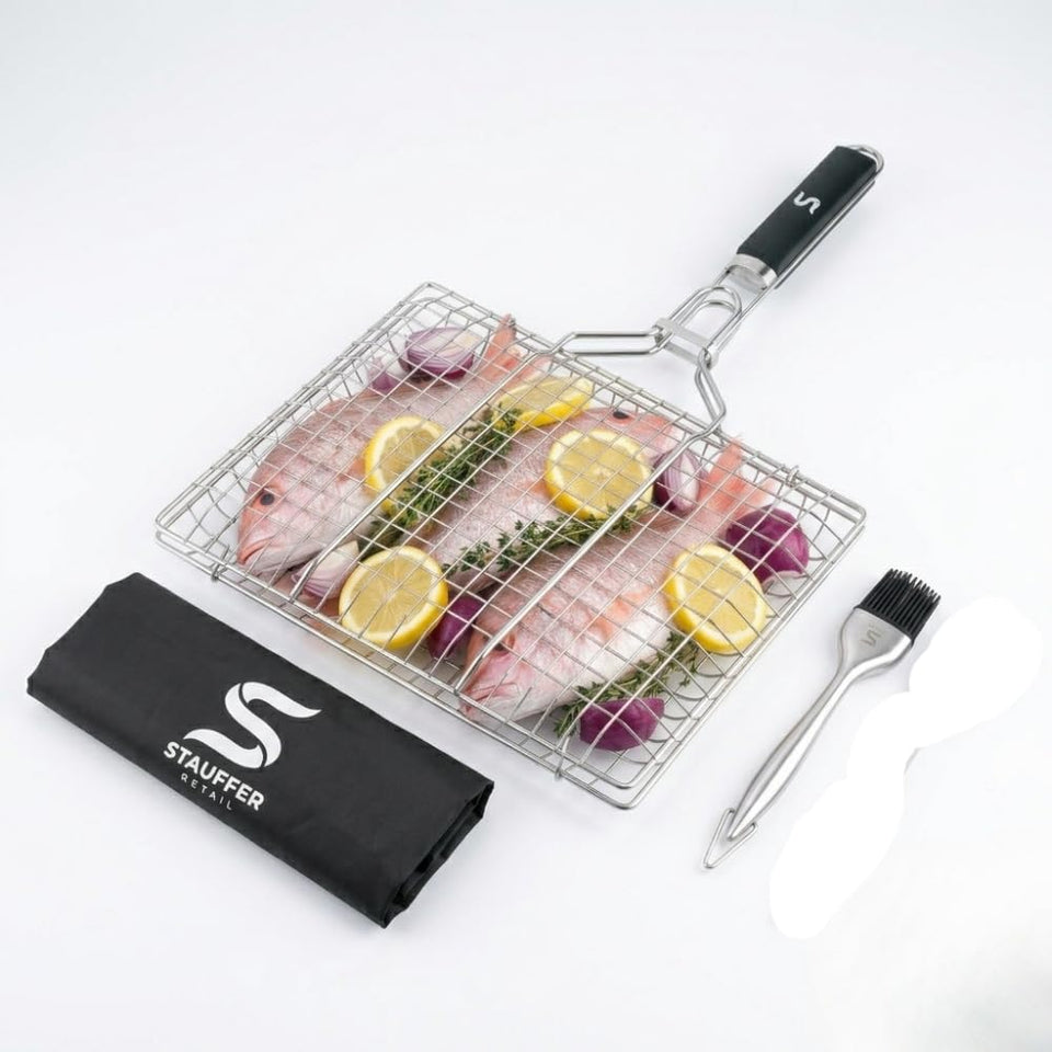 Stauffer Retail BBQ grill basket in outdoor setup with lockable design for secure fish grilling.